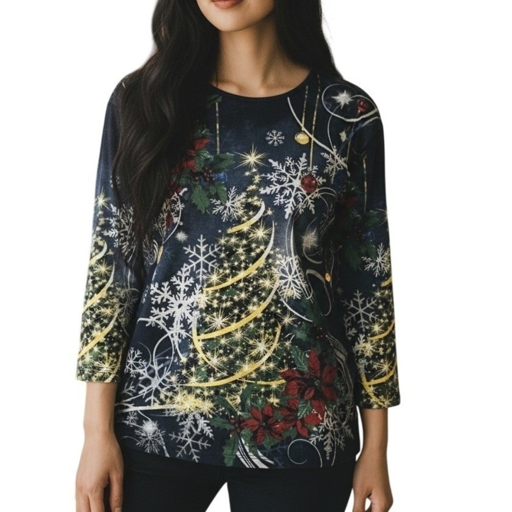 Jess And Jane Christmas‎ Top 1X Black Vintage Y2K All Over Print Holiday Rare